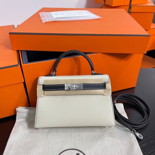 Hermes Kelly Mini II Epson PHW bicolor Craie match Noir